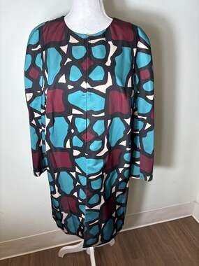Paule Ka Blue Abstract Print Crepe Round Neck Coat Sz 42 (12/14)